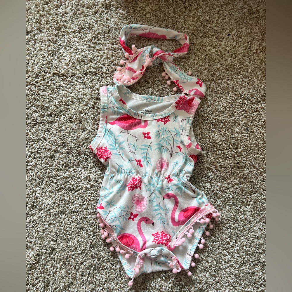 Baby Girl Flamingo Romper Onesie with Pom Poms and matching headband Newborn